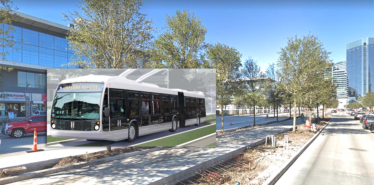 Metro BRT bus rendering laid over Google Maps street view of BRT construction on Post Oak Boulevard