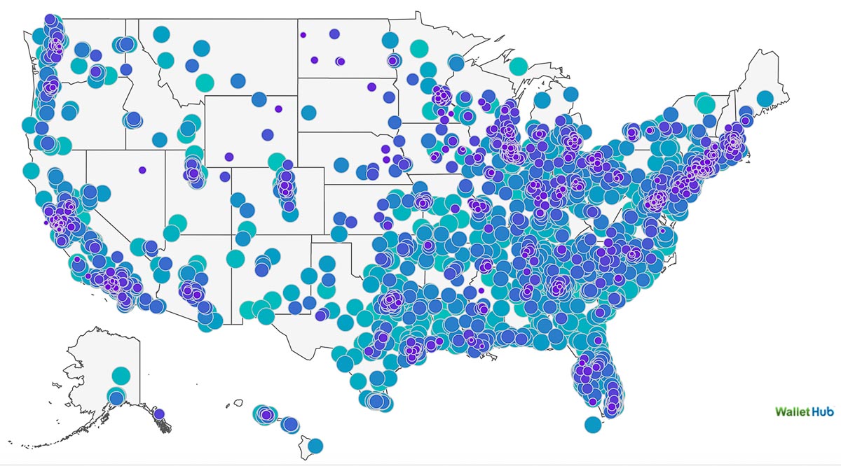 map showing credit card debts in American cities