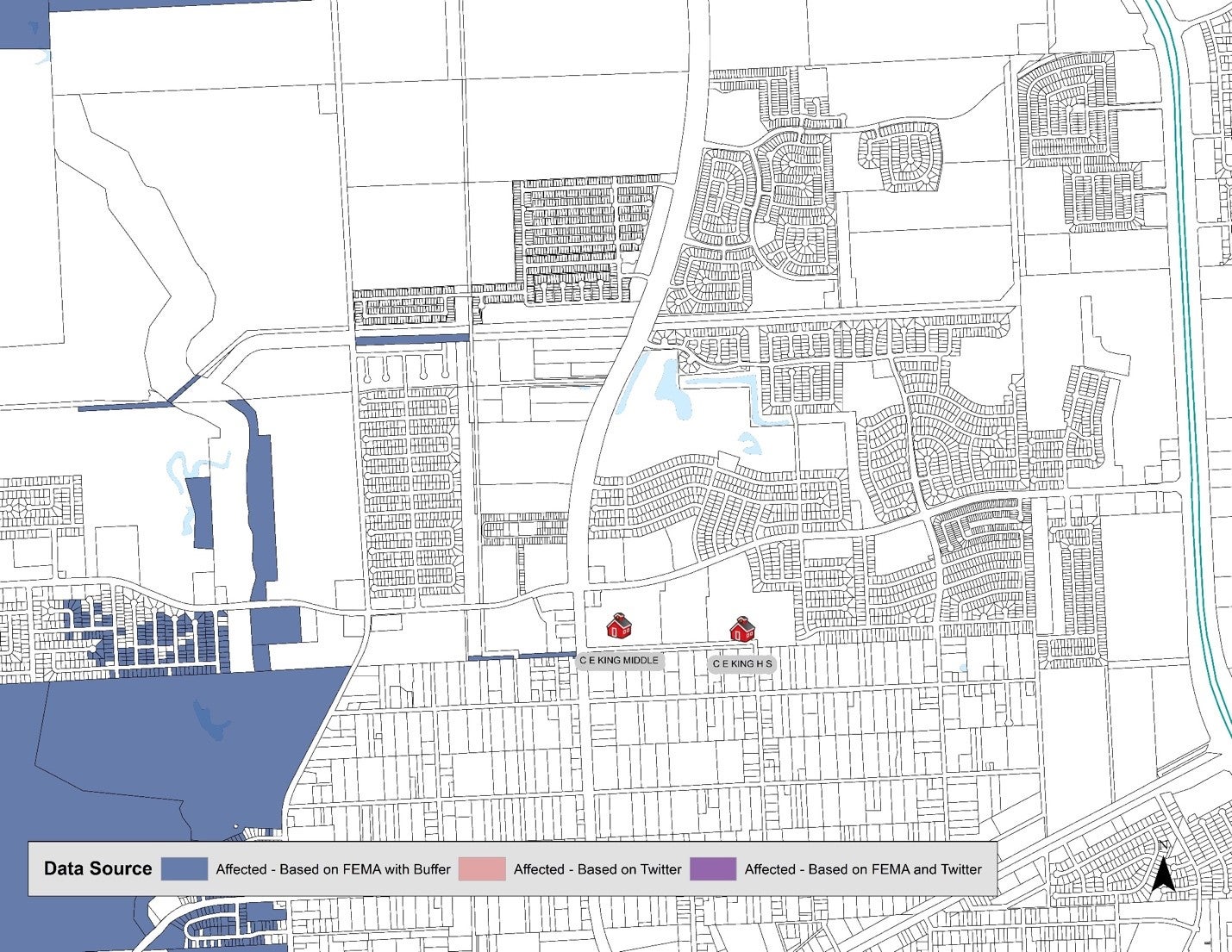 Traditional data sources show the area around Sheldon ISD's CE King High School show no damage or floodwaters from Hurricane Harvey