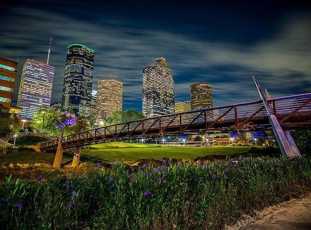 Downtown Houston at night. Image via flickr/Brandon DuBois.
