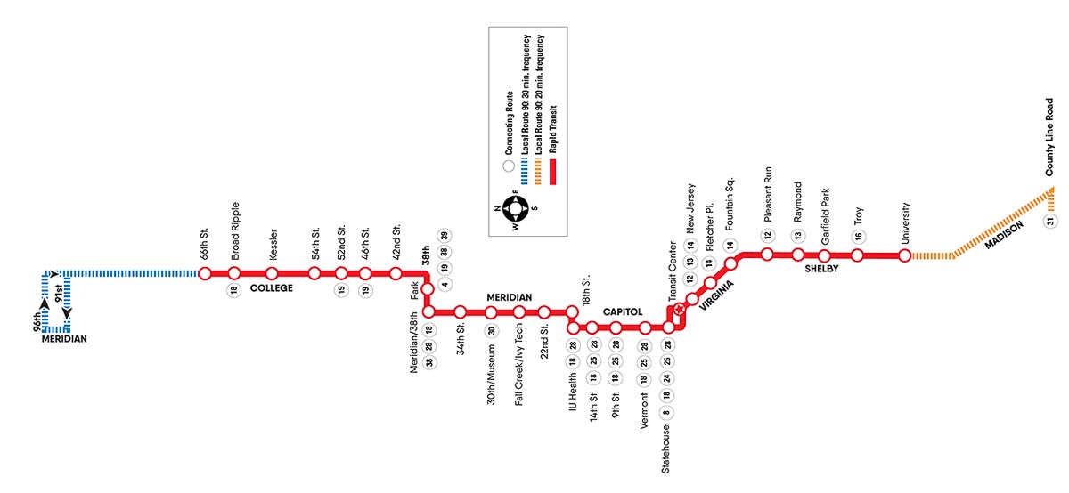 map of IndyGo Red Line route