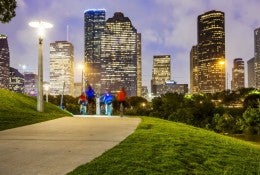 Houston skyline from a park in the evening. 