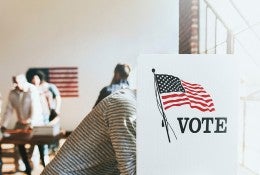 people at voting booths  