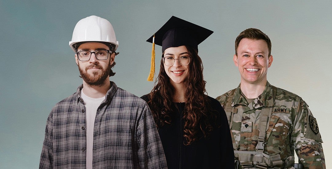 a construction worker, college graduate, and military officer