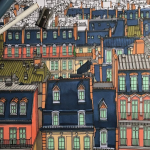 Row houses colored in a coloring book