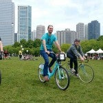 Men on bike-share bicycles