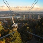 Tram overlooking a city skyline
