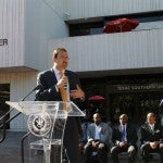 Man speaking outside of Texas Southern University