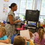 Teacher speaking to a classroom full of students