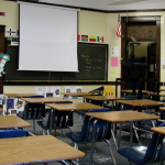 Empty classroom desks