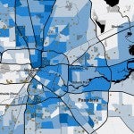 Map showing households using housing vouchers in the Houston area 