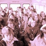 Students ride the bus from the suburbs to school in Charlotte, North Carolina, in 1973, as part of school desegregation efforts. 