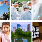 Scenes of doctor checkup, kids playing basketball, Houston skyline, etc