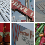 Scenes around Houston that speak to its arts and culture, cowboy boots, theater sign, chili peppers