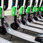 Row of dockless scooters