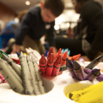 Crayons in a classroom.