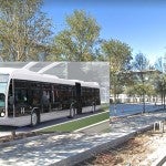 Metro BRT bus rendering laid over Google Maps street view of BRT construction on Post Oak Boulevard