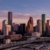 Houston sunset skyline next to I-45