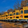 Several school buses parked next to each other