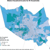 Map of median household income in ZIP codes throughout Harris County