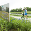 People jogging by sign that says "Meadow Coming Soon."