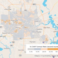 Map of Harris County showing the percent of CVAP Turnout Rate during the second round