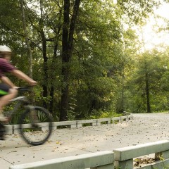 A cyclist rides the Halls Bayou Greenway trail, part of the Bayou Greenways 2020 initiative.